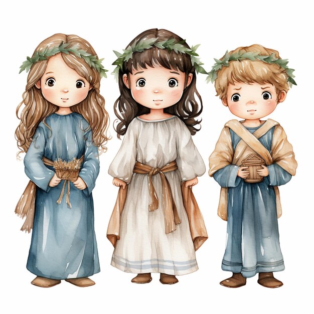 Photo three children dressed in costumes of jesus and mary generative ai