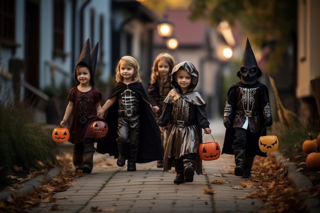 Трое детей в костюмах идут по улице с тыквой.