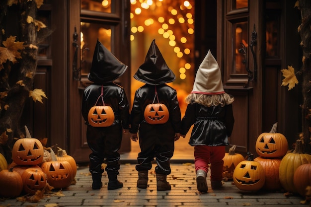 Three children dressed in a cute halloween costumes standing near th e decorated door with pumpkins