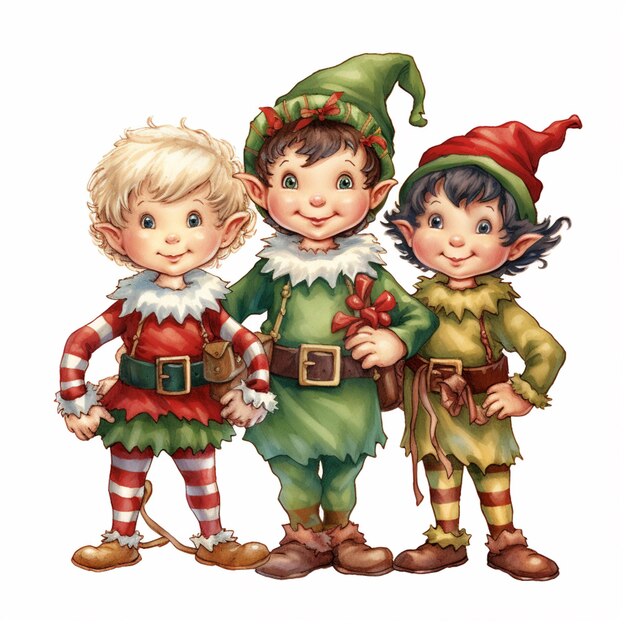 three children dressed in elf costumes standing next to each other generative ai