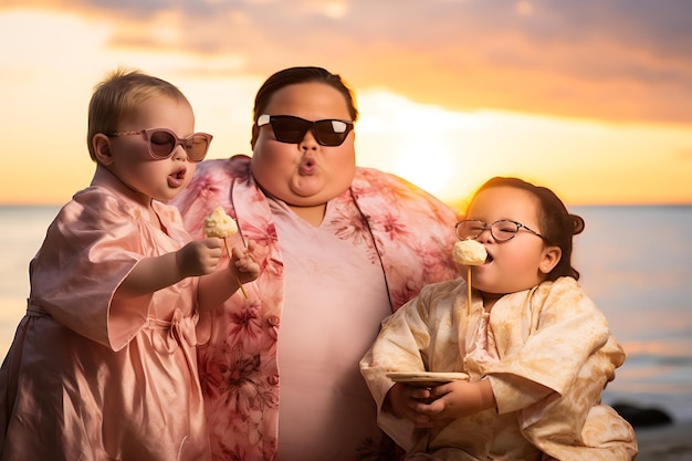 Three children eat ice cream on the beach a child