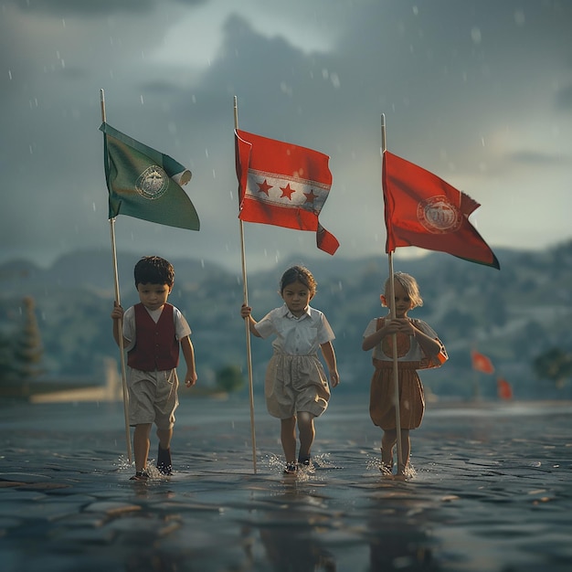 three children holding flags one of which has the word  cran  on it