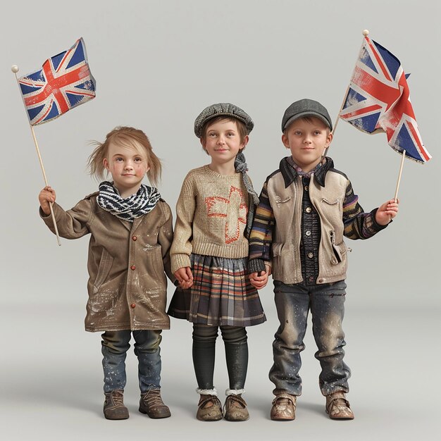 Photo three children holding flags with one of them wearing a jacket that saysthe britishon it