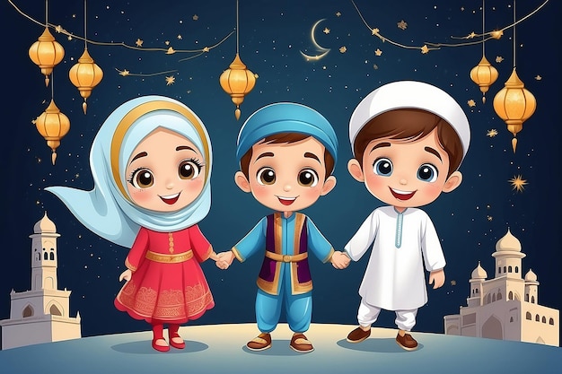 three children holding hands in front of a night sky with a star in the background