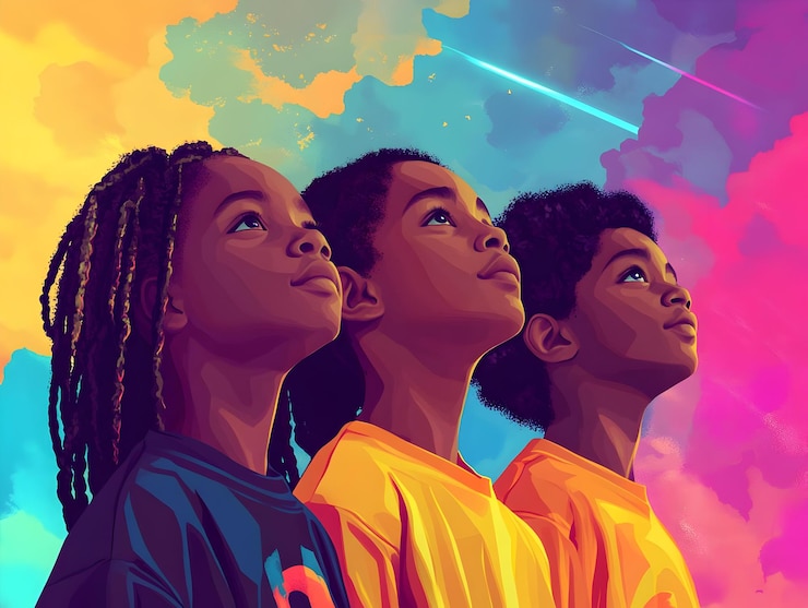 Photo three children hopeful faces looking up at a vibrant sky illustration
