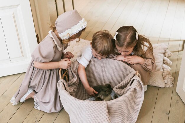 ヴィンテージのドレスを着た小さな金の女の子と素敵な小さな男の子が春の日にベビーアヒルと遊んでいる田舎の家で - 幸せな子供時代シンプルな居心地の良い生活幸せなイースター