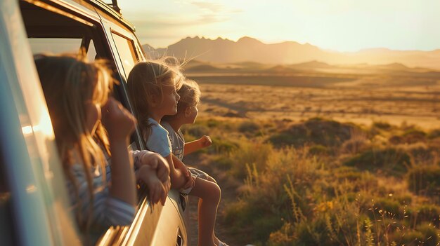 写真 太陽が広大な砂漠の風景に沈むと車の窓から外を見ている3人の子供
