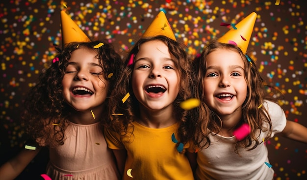 Three children in party hats with confetti on them.