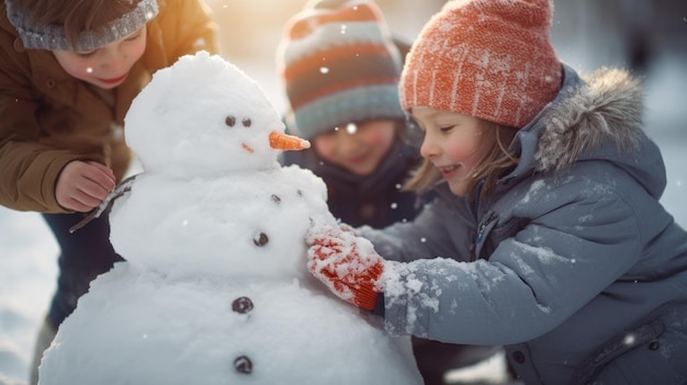 冬に雪だるまと遊ぶ3人の子供 ⁇ 