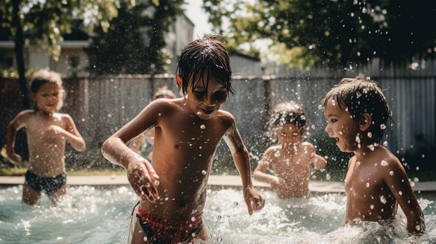 Photo three children playing in a pool with one of them wearing sunglasses and the other wearing sunglasses.