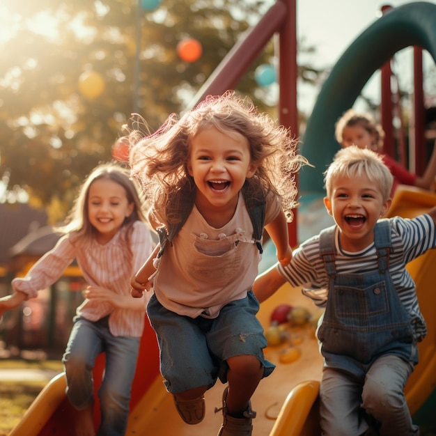 Three Children Playing On A Slide In The Park