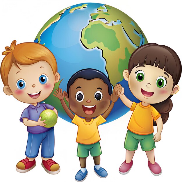 three children pose with a globe of the world and the earth