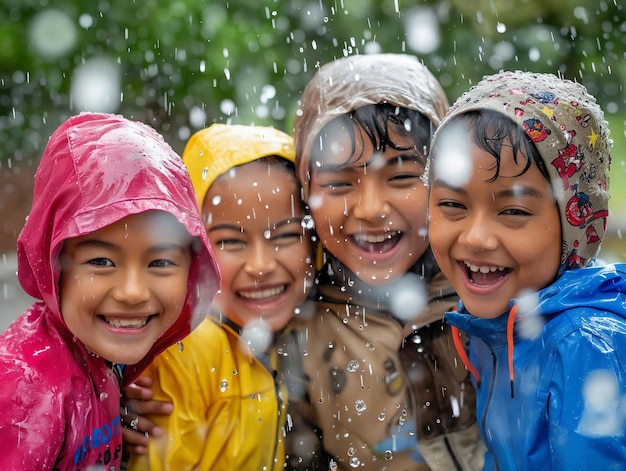 Foto tre bambini in impermeabile che sorridono sotto la pioggia