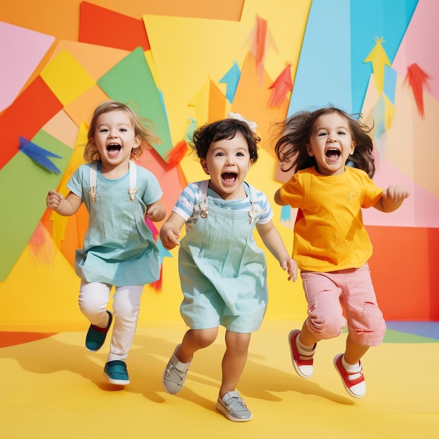 Three Children Running In A Brightly Colored Room With A Colorful Wall