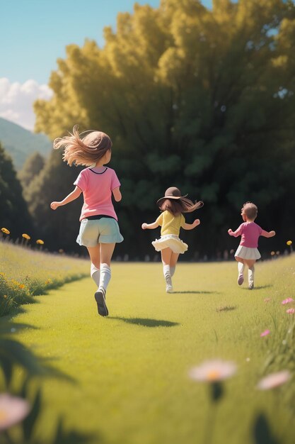 ピンクのシャツを着て道を走る3人の子供。