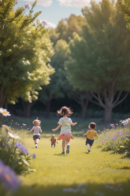 Three children running on a path in a field with flowers in the background