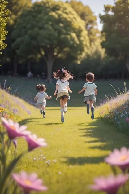 Three children running on a path with flowers in the background
