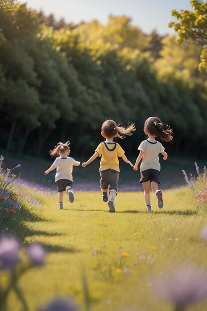 Three children running on a path with purple flowers in the background