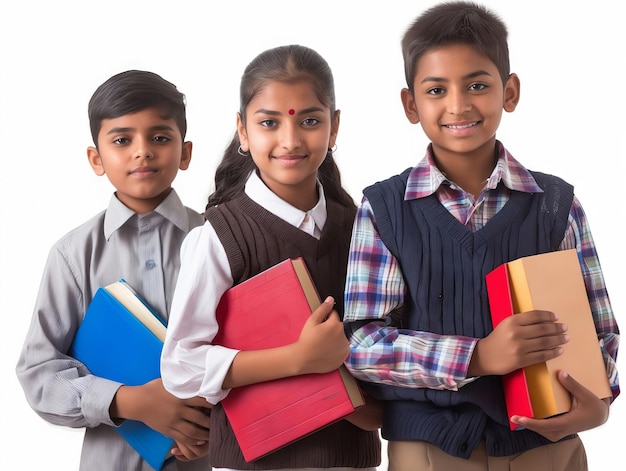 Three children in school uniforms holding books
