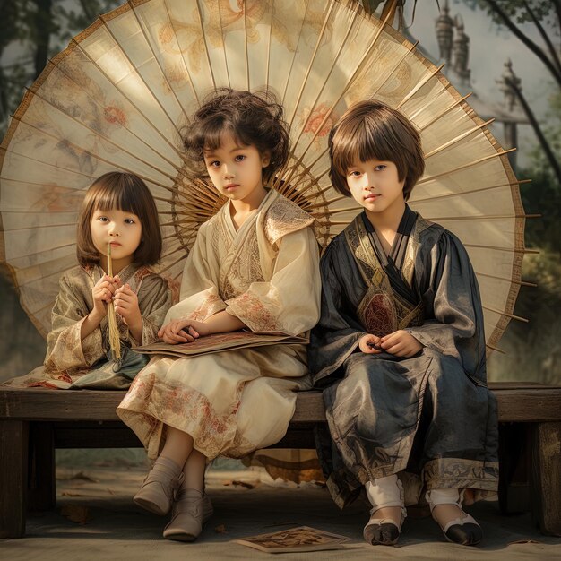 Трое детей сидят на скамейке, и у одного из них есть бумажный зонтик, на котором написано: "Три маленькие девочки".