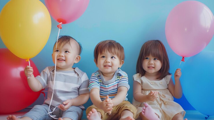 세 명의 아이들이 풍선과 함께 파란색 바닥에 앉아 있으며 그 중 하나는 노란색과 파란색 배경을 가지고 있습니다.