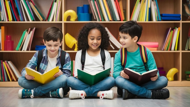 three children sit on the floor one reading a book