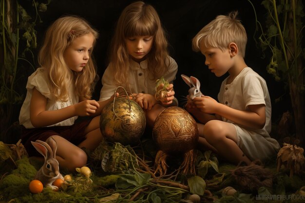 Three children sit in the forest and paint eggs with rabbits