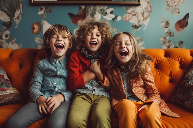 Three children sitting on a couch laughing and laughing