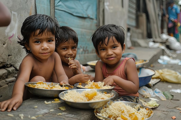 地面に座って食べ物を食べている3人の子供