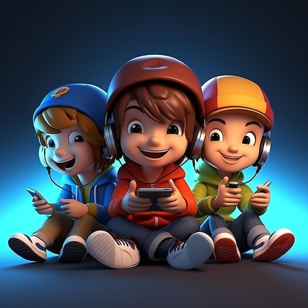 Трое детей сидят на земле и вместе играют в видеоигры.