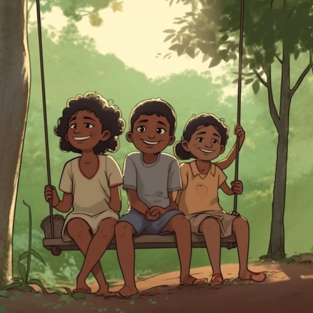 Трое детей сидят на качелях в лесу, генеративный искусственный интеллект