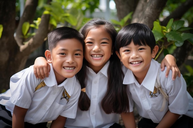 木の前で写真を撮るために微笑んでいる3人の子供