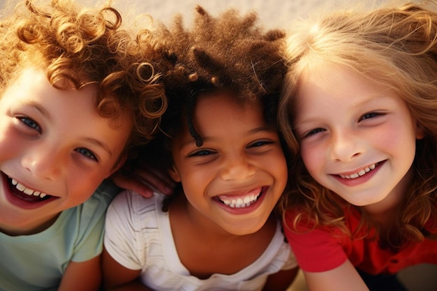 Photo three children smiling and posing for a photo.