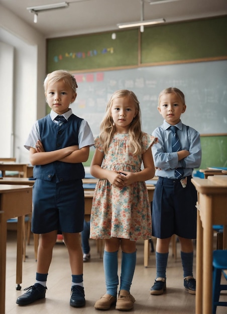 три ребенка стоят перед доской со словом " школа ", написанным на ней