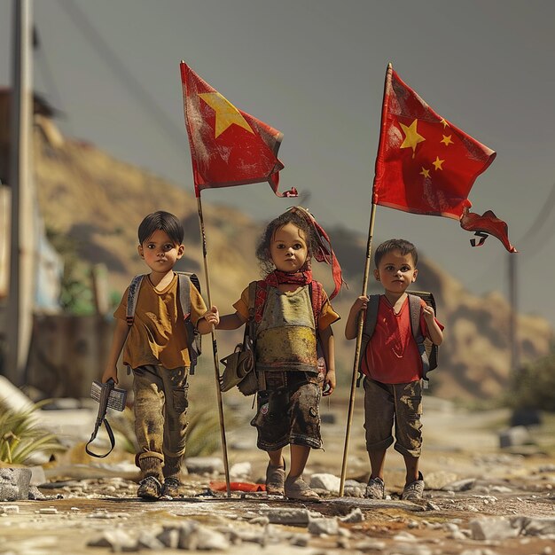 Photo three children stand in front of a red flag and two small flags with a red chinese symbol on them