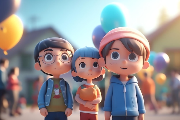 Three children stand in a line with balloons in the background.