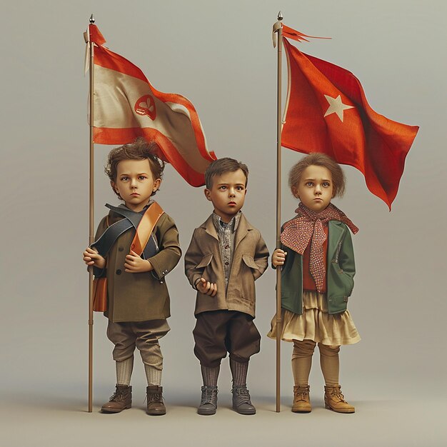 three children stand next to a red flag and two small boys stand next to a red flag