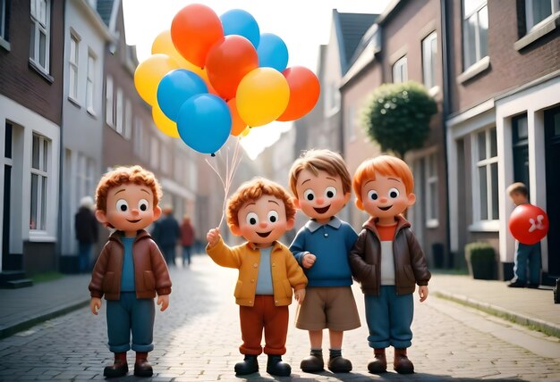 three children standing in a street with balloons in the middle of the picture