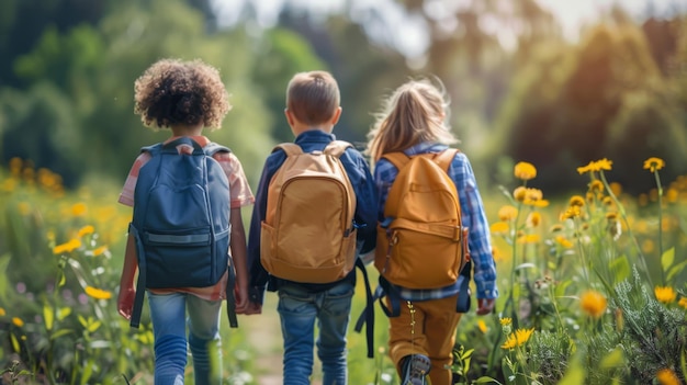 Photo three children walking through field of flowers