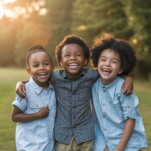 Foto tre bambini che indossano camicie blu che dicono tre