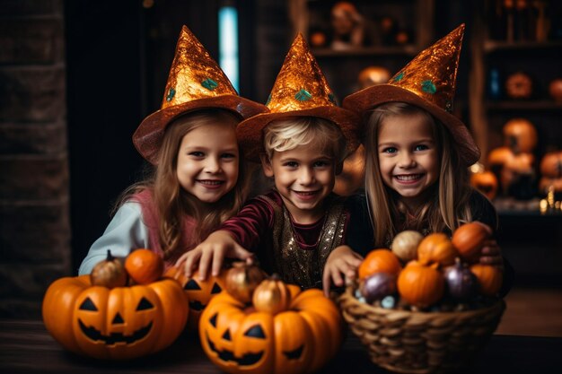 Three children wearing hats and holding pumpkins in a halloween party