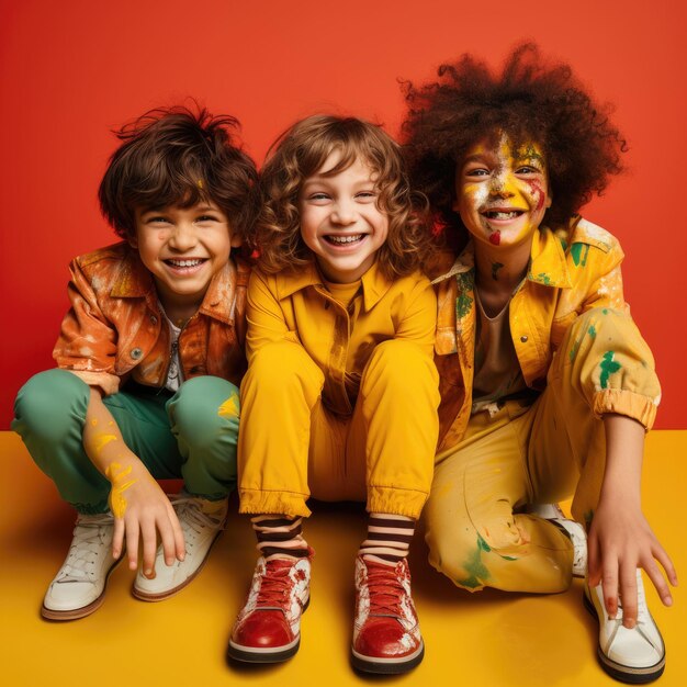 Three children with painted faces sitting on a table