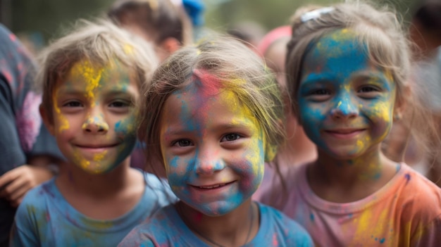 Three children with their faces covered in paint at a festival