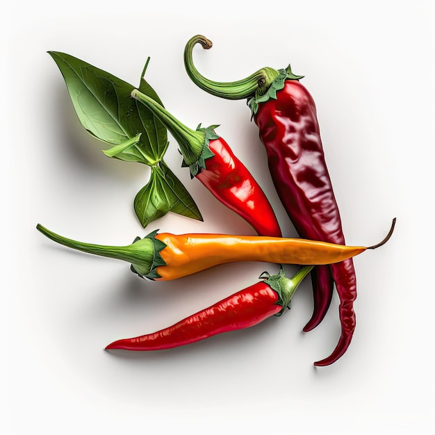 Three chili peppers with green leaves and one red and yellow