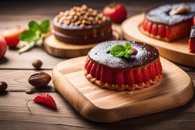 Three chocolate cakes with nuts on a wooden table