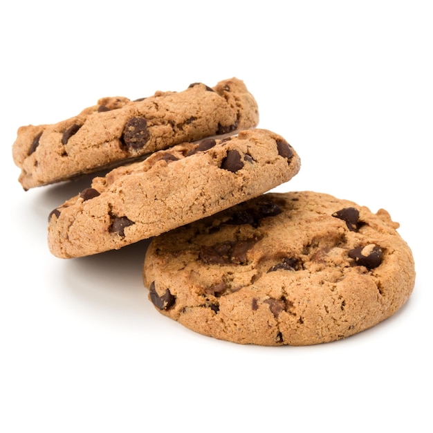 Three Chocolate chip cookies isolated on white background Sweet biscuits Homemade pastry