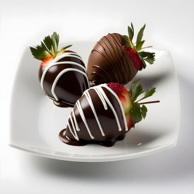 Three chocolate covered strawberries on a plate with white frosting