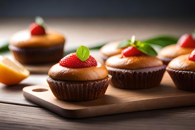 イチゴを上に乗せた 3 つのチョコレート カップケーキ