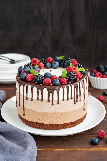 Three chocolate mousse cake with glaze and berries Cake with three layers of different taste