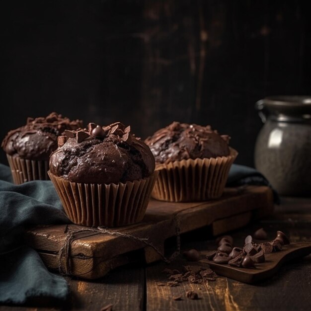 Foto tre muffin al cioccolato su una tavola di legno con un panno blu